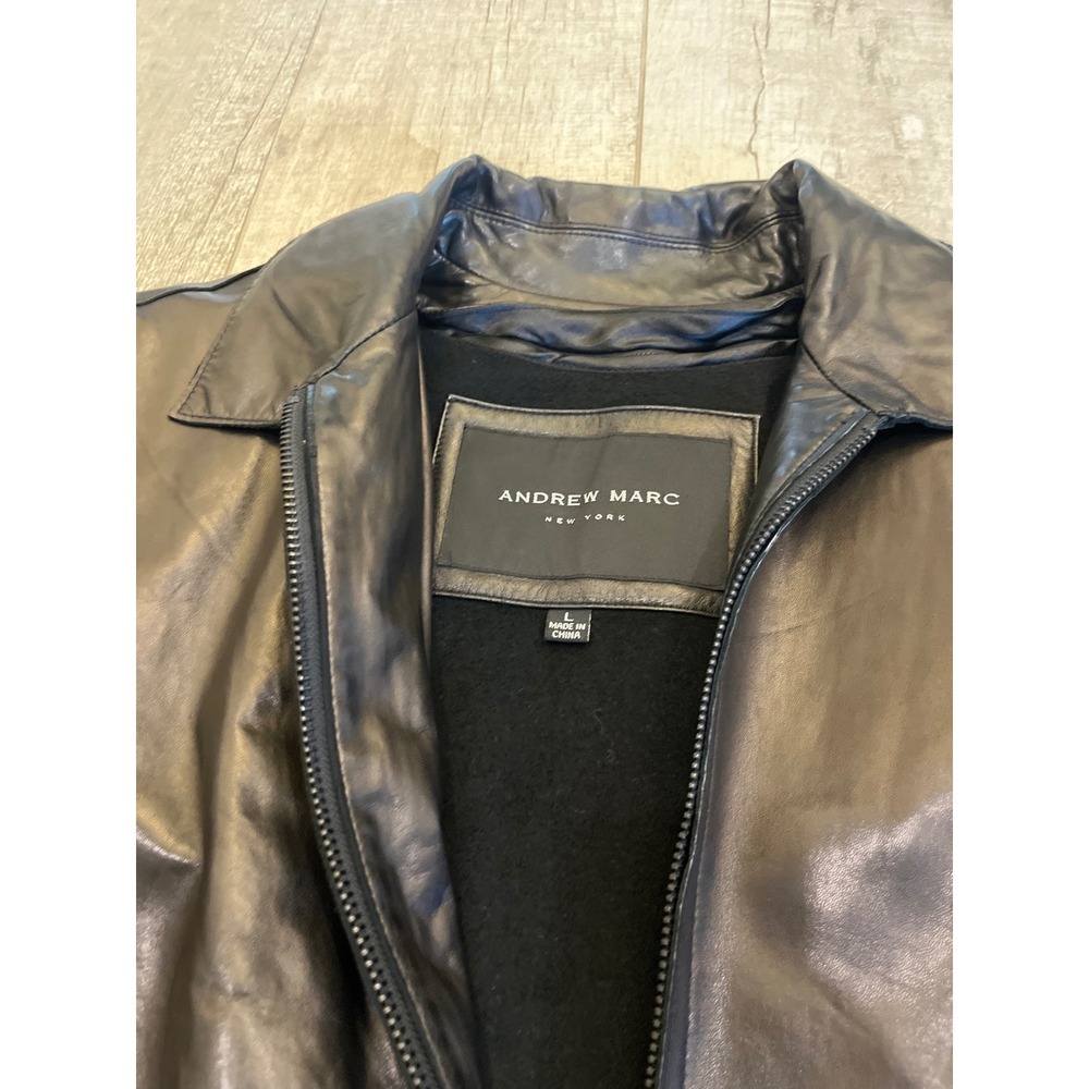 Andrew Marc New York Mens Black Leather Jacket Italian Cashmere Wool Lining L